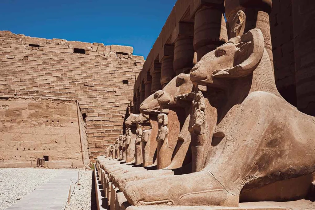 Famous ram-headed sphinxes at the Karnak Temple complex.