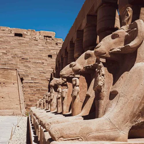 Famous ram-headed sphinxes at the Karnak Temple complex.