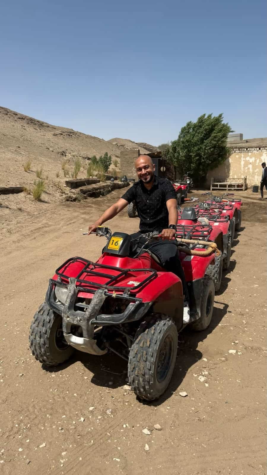 Quad bikes parked in Luxor’s Eastern Desert near palm trees, ready for safari adventure.