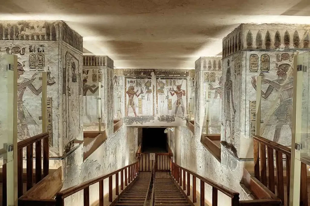Ancient wall paintings inside KV11 Tomb of Ramesses III.