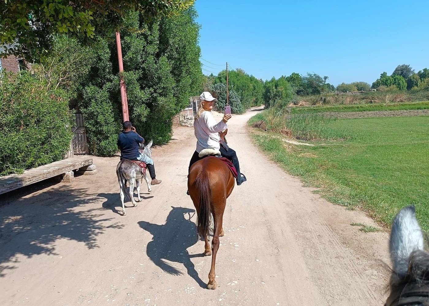 Horseback riding in Luxor’s countryside at sunset – peaceful rural experience with palm groves and village trails.